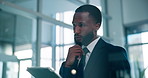 Thinking, business and black man with tablet in office for research, finance report and planning. Accountant, digital and reading email for budget, schedule update and solution on investment proposal