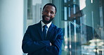 Black man, face and arms crossed at office with smile, pride and career at insurance agency. African business person, portrait and happy with confidence, risk management and job company in Nigeria