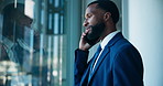 Discussion, business and man with phone call by window, negotiation and contract for company investment. Communication, planning and African manager with mobile for deal, consulting and agreement