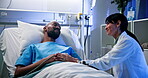 Doctor, support or discussion with man in hospital bed for health recovery, good news or night. Healthcare, patient and professional with feedback in clinic for medical update, consulting and checkup