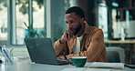 Black man, laptop and typing for remote work from home with review, report and insight for project. Person, computer and freelance writer for feedback, solution or editing proposal for job at house