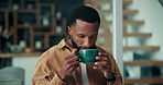 Black man, relax and smell coffee at house to start morning, aroma relief and espresso satisfaction. Thinking, male person and breath scent of beverage, happy nostalgia memory and comfort fragrance