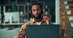Black man, talk and headset with laptop at house for consulting, customer service and assistance. Advisor, remote work and mic with pc for online advice, helping client and crm for technical support