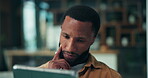 Thinking, creative and man with tablet in office, journalist and writing ideas with stylus and plan. Reflection, reporter and black person with tech for story, online or notes for article in newsroom