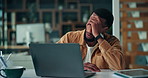 Business, headache and black man in office, laptop and stress with deadline, publication and article review. African person, editor and journalist in workplace, pc and migraine with glitch or error