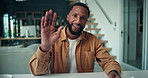 POV, video call and wave with business black man in office for planning or review of information. Documents, face and smile of happy African employee in workplace for virtual meeting or webinar