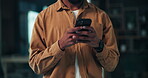 Typing, message and hands with smartphone in office, journalist or communication with source on web. Night, reporter and person with mobile for chat, texting and schedule meeting for story or news