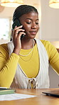 Black woman, remote work and phone call with laptop at house for chat, contact source and schedule. Person, talking and pc for planning story, editor feedback and article discussion for publication
