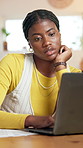 Bored, thinking and black woman with laptop, home and burnout with problem solving. Slow internet, African person and freelancer with computer, tired and annoyed with glitch, 404 error and brain fog