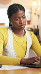 Bored, thinking and black woman with computer, home and brain fog with problem solving. Slow internet, African person and freelancer with laptop, tired and annoyed with glitch, burnout and low energy