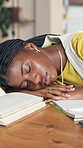 Learning, books and black woman with sleeping in home for study burnout, assignment and resting. Student, fatigue and exhausted by notes with nap, scholarship education and overworked break in house