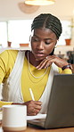 Online education, computer and black woman writing in notebook, virtual class and assessment for knowledge. Remote studying, university student and reading on laptop, digital textbook and elearning