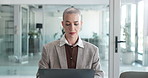Laptop, typing and business woman in office with research for finance report with budget plan. Technology, communication and female financial manager with computer for email with investment proposal.