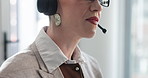 Mouth, woman and talking with headset in call center for customer service, help desk or assistance. Support agent, employee and speaking with microphone for inbound query, online advice or contact us
