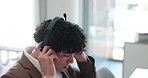Tired, man and frustrated with headset in call center for difficult client, sales pressure and stress. Microphone, telemarketing agent and overwhelmed at work with lead generation, burnout or fatigue