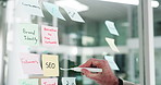 Business man, hands and writing on glass wall for strategy development, link building or planning. SEO manager, employee and arrow to sticky notes in office for competitor analysis or market research