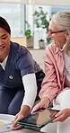 Senior woman, tablet and nurse with food in home for lunch, nutrition and retirement support. Healthcare, happy old person and caregiver with breakfast in assisted living for elderly care and service