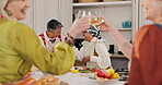 Cooking, toast and senior friends in kitchen of home together for bonding, celebration or visit. Cheers, drink and food with happy old women in apartment for healthy culinary class or lesson