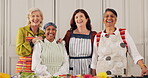 Portrait, friends and mature women in kitchen with smile, bonding together and reunion in home. Happiness, preparing food and female person in house with ingredients, love and support for group meal.
