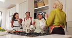 Mature women, dancing and laughing with friends in kitchen for funny cooking class or vibe in home. Female people, group or energy with music or karaoke for meal, food or social gathering together