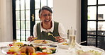 Eating, mature woman and laughing at dinner for funny conversation, social gathering or event. Relax, happy people or party at dining table with comic joke, brunch celebration or healthy food in home