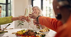 Champagne, friends and hands cheers for thanksgiving dinner, celebration and smile in home. Glass, food and mature women toast with alcohol drink for holiday, social gathering and success at party