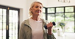 Dumbbells, fitness and thinking with old woman in living room of home for training or workout. Exercise, vision and weightlifting with senior person in apartment for health or wellness routine