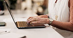 Woman, hands and typing on laptop for project draft, editing article and creative process in home. Remote work, freelance writer and proofreading blog post with editor feedback for story development