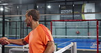 Fitness, men and handshake on court for padel tournament, game start or sportsmanship. Athlete, mature people or happy with greeting at health club for friendly match, introduction or challenge