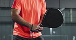 Padel, tennis and hands of man on court for training, match and practice game in sports club. Fitness, exercise and person with racket for challenge, playing tournament and competition for hobby