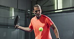 Padel, tennis and mature man on court for training, match and practice game in sports club. Fitness, exercise and person with racket, ball and serve for challenge, tournament and playing competition