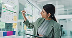 Tablet, business woman and writing on glass wall for UI development, app layout and planning. UX designer, technology and notes on board for agenda, project schedule and user experience in office