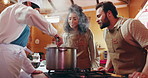 Couple, chef and cooking class with ingredients, teaching and learning in kitchen. Food, man and women with herbs, smell and culinary skills with relationship, growth and gourmet cuisine with steam