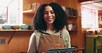 Tablet, face and chef in kitchen with research for meal recipe in restaurant with culinary information. Digital technology, portrait and female industry worker with app for food tutorial in diner.