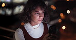 Search, night and phone with business woman in city for communication, social media and networking. Internet, technology and digital with face of girl on rooftop for app, data and email in New York