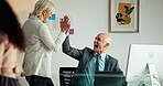 Computer, high five and mature business people with success, sales bonus or achievement in office. Feedback, applause and financial advisors with congratulations for profit growth, goal or teamwork