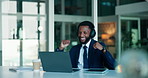 African man, headphones and dance move at desk with laptop, music and excitement for end of day. Happy, business person and success in office with technology, laughing and playlist for weekend.
