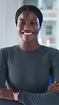 Face, happy and woman with arms crossed, gym and confident for workout goals, laughing and wellness. Health club, membership and black person with smile for fitness, pride and sportswear in Kenya