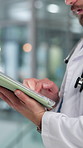 Hands, doctor and man in hospital, tablet and typing with healthcare, email and research. Person, medical service and professional in clinic, telehealth or internet with connection and review results