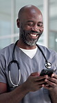 Nurse, phone and typing with black man in hospital for healthcare report, contact and symptoms research. Medical app, telehealth website and communication with mature person for doctor results