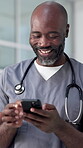 Nurse, phone and smile with black man in hospital for healthcare report, contact and symptoms research. Medical app, telehealth website and communication with mature person for doctor results