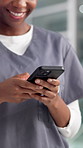 Hands, doctor and woman in hospital, cellphone and typing with social media, online chatting or internet. Telehealth, professional or person in clinic, smartphone or email with communication or smile