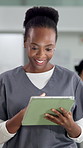 Hospital, nurse and woman on tablet walking for online results, medical service and research. Healthcare, clinic and person typing on digital tech for surgery schedule, diagnosis and patient report
