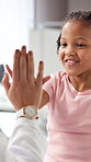 High five, doctor and girl in office, smile and consultation with health progress. Medical service, child and pediatrician in clinic, gesture and illness free with feedback, recovery and test results