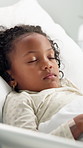 Girl, kid and patient in hospital bed, sleeping and consultation with recovery, healing and diagnosis. Empathy, medical service and child in clinic, compassion and wellness with support, nap and rest