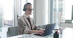 Telemarketer, headset and woman with laptop, call center and communication with contact for service. Telemarketing, agent and person with tech for lead generation, sales and typing info for inquiry