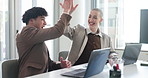 Laptop, high five and business people with success in office for finance bonus, investment or stock market growth. Team, corporate and workers on computer for financial profit, funding and bonus