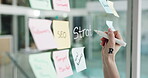 Business woman, hands and writing on glass wall for campaign development, brand strategy or SEO. Marketing manager, sticky notes or planning in office for project management, market research or ideas