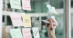 Business woman, hands or writing on glass wall for marketing campaign, brand strategy or goals. SEO manager, sticky notes and workflow in office for project management, market research and planning