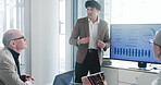 Talking, presentation and man in meeting, financial agency and graphs for company revenue. People, feedback or speaker in office, profit growth or charts for economy, investment proposal or presenter